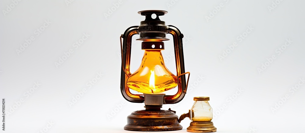 Poster a lantern filled with amber fluid is illuminating the area, while a smaller lantern sits next to it.