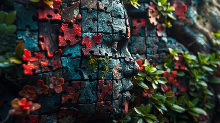 Buddha statue made of wood and stone with red and green colors