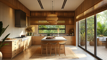 interior design of a light, cozy kitchen with large panoramic windows in boho style