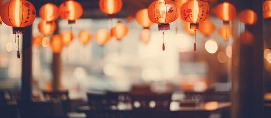 Blurred abstract background of an empty cafe with Chinese lantern decoration.