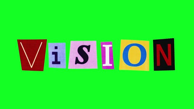 Template pattern of logotype with word vision made of letters on crumpling pieces of paper on green screen. Compiling goal setting banner from isolated cartoon style loop stop motion animation