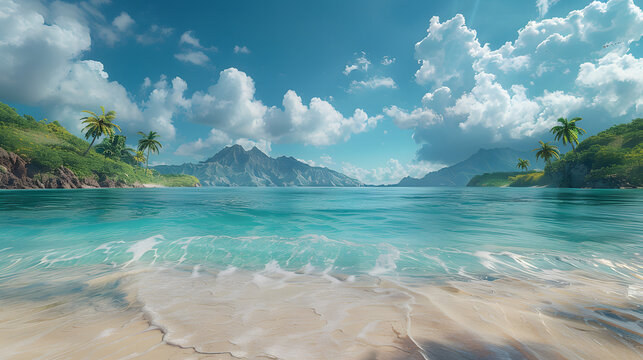 A stunning digital image featuring a panoramic view of a pristine beach leading into a breathtaking mountainous seascape