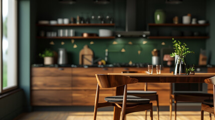 Modern kitchen design with dark wood cabinets and dark green walls with a wood dining table and chairs