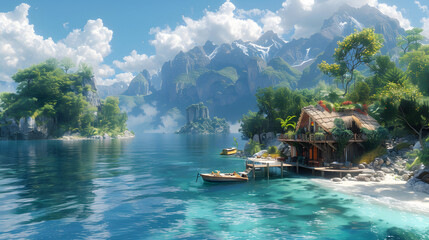 A serene lake with a mountain backdrop and a quaint cottage offering a peaceful retreat - obrazy, fototapety, plakaty