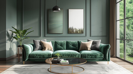 pistachio velvet sofa and glass coffee table in a modern living room