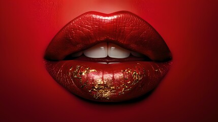 Sensual glossy lips with gold highlights on red background, close-up of female mouth with fashion makeup, beauty and cosmetics concept. AI - obrazy, fototapety, plakaty