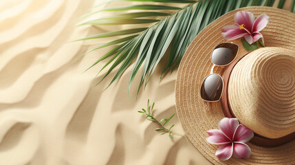 Fototapeta na wymiar Summer accessories on beach sand