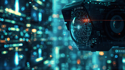 A cutting-edge security camera featuring a holographic interface amidst a backdrop of vibrant digital displays.