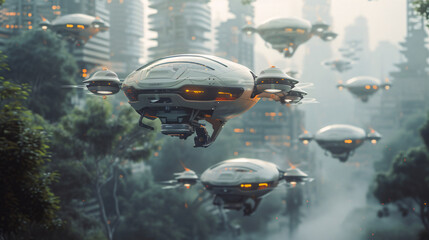Fleet of autonomous drones with glowing elements navigating through a foggy cityscape with lush greenery.