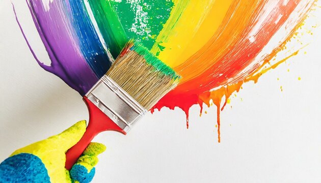 Hand with glove holding paint brush with rainbow color paint splash on white wall background. Renovation, home improvement, diy concept