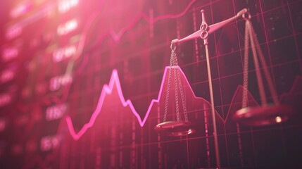 market chart, business background, photo of a scales of justice against on the background of a financial chart, pink shades