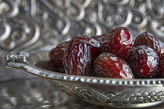 An elegant Ramadan Kareem greeting card featuring a close-up of dates fruit arranged in a plate with intricate silver Moroccan patterns in the background, real photo