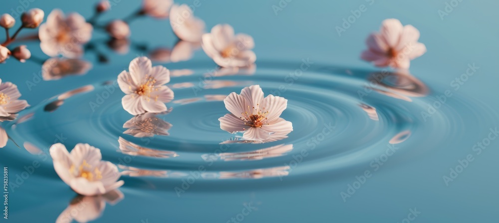 Poster pastel ponds reflecting spring blooms abstract background with soft ripples and movement