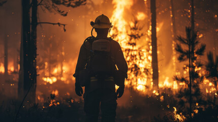 In the midst of an intense blaze, a lone firefighter stands silhouetted, epitomizing the fight against natural fires