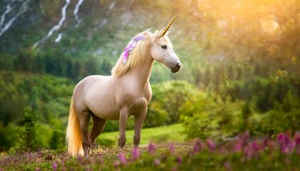 Majestic unicorn standing in fairytale landscape