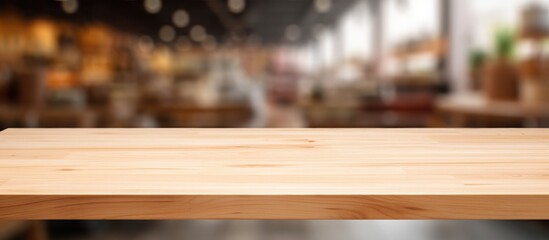 Wooden Table in Front of Blurred Supermarket Background for Product Display Mockup. - obrazy, fototapety, plakaty