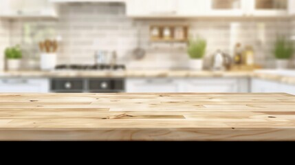 A wooden countertop on a blurred kitchen background can be used as a layout for a design layout or product demonstration
