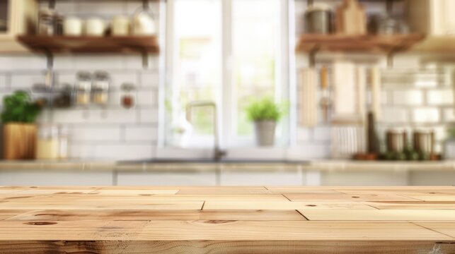 A wooden table, a construction site on a blurred background of a kitchen bench. An empty table to present the product and a blurred kitchen background