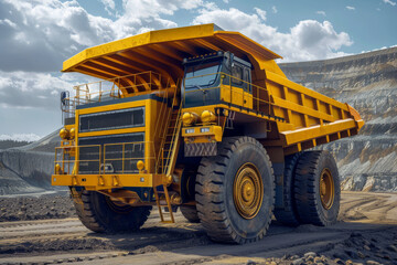 A mining dump truck traverses through the quarry, its massive tires gripping the rough terrain as it carries loads of earth and minerals, symbolizing the efficiency and power of the mining industry.