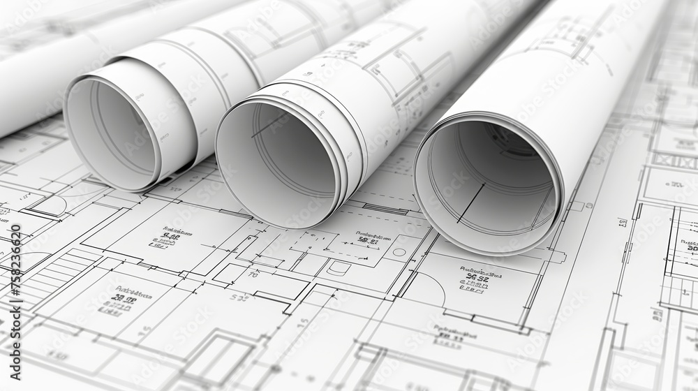 Poster detailed architectural blueprint roll featuring precise technical project drawing