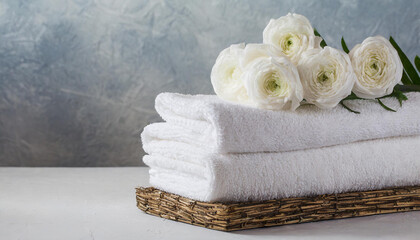 Fototapeta na wymiar Stack of clean fluffy towels folded on table. Fresh smelling flower