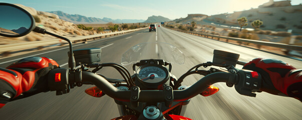 A motorcyclist rides along an asphalt road, offering a first-person view of the journey.