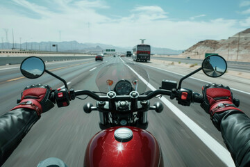 A motorcyclist rides along the highway, offering a first-person view of the journey.