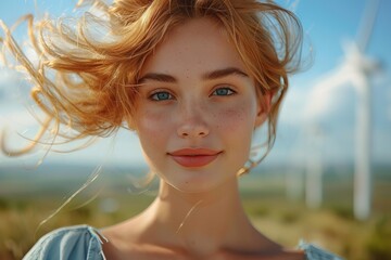 Stunning portrait of a young girl with her hair blown by the wind against a backdrop of wind turbines