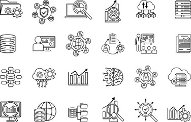 Fototapeta premium Data Analytics Icons Set. Vector Icons of Monitoring, Network, Server, Database, Cybersecurity, Data Management, Hosting, API, and Other