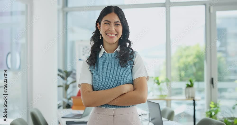 Poster Woman, face and laughing with arms crossed in office for confidence in creative career and pride for startup. Professional, portrait and employee with happiness, humor and break at modern company