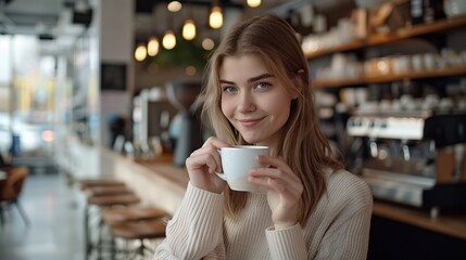 Minimalist aesthetic reminiscent of Scandinavian design, a serene coffee shop with clean lines, a young woman savors her cappuccino with a genuine smile, real photo