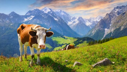 Fototapeta na wymiar cow against the backdrop of alpine mountains and meadows, farm animals 