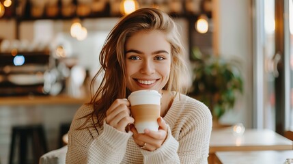 Minimalist aesthetic reminiscent of Scandinavian design, a serene coffee shop with clean lines, a young woman savors her cappuccino with a genuine smile, real photo