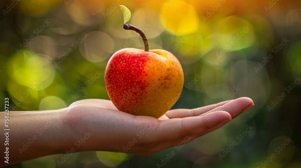 Poster hand holding fresh pear, selecting on blurred background with copy space for text placement