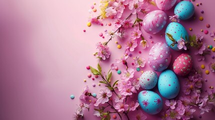 Obraz na płótnie Canvas Easter decoration. Colorful eggs and floral elements on pink background with copy space. Beautiful colorful easter eggs. Happy Easter. Isolated. 