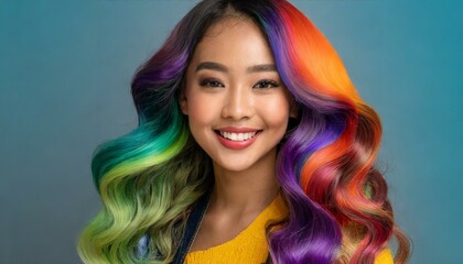 Fototapeta premium hair styled in cascading waves, each strand dyed in gradient rainbow shades, smiling beautiful woman