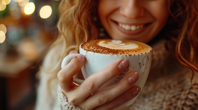 Close-up of a happy young woman enjoying a cappuccino in a coffee shop; Aromatic and cheerful delight for coffee, real photo, stock photography ai generative high quality images
