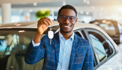Happy young man buying his first car in dealership. Male customer showing car key on showroom background, purchasing car - obrazy, fototapety, plakaty