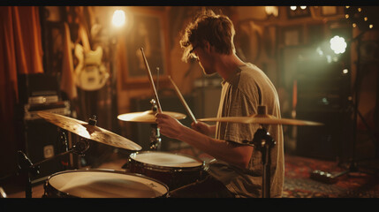 An absorbed drummer rehearses intensely in the warm atmosphere of an inviting music studio