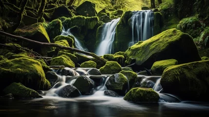Poster Pristine waterfall with green moss and rocks in nature © stocksbyrs