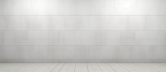 A rectangular room with parallel wooden flooring and grey tinted walls in a symmetrical pattern. Hardwood floors contrast against the white tiled walls