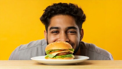  man peeking at tempting cheeseburger on plate on table against yellow background