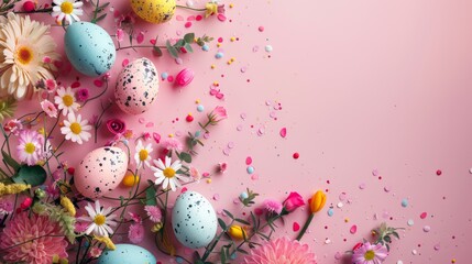 Easter decoration. Colorful eggs and floral elements on pink background with copy space. Beautiful colorful easter eggs. Happy Easter. Isolated.	