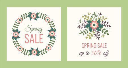 Fototapeta na wymiar Trendy square Spring Sale posters templates with flowers and leaves. Hand drawn springtime Botanical elements for social media posts, banners and offers. Background with lettering