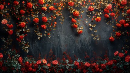  a painting of a bunch of red flowers on a black background with green leaves and red flowers on the side of the wall.