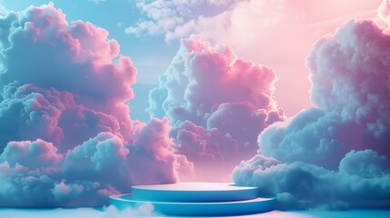Abstract 3D podium design in blue and pink with cloud motifs. The scene is for prodact presentation. Generated by artificial intelligence.