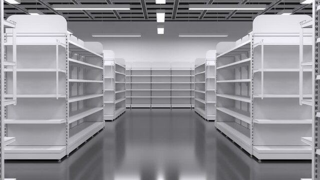 Moving along the aisle between empty supermarket shelves. 3d animation