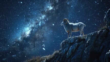 Fototapeta na wymiar Aries Constellation and Ram, majestic ram stands under a starlit sky, embodying the Aries zodiac sign amidst the vast beauty of the cosmos