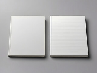 Blank photorealistic notebook mockup on light grey background, front and back view design.