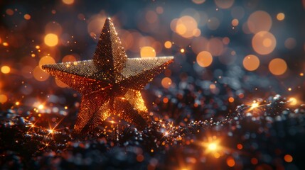  a close up of a shiny star on a blurry background with boke of lights in the foreground.